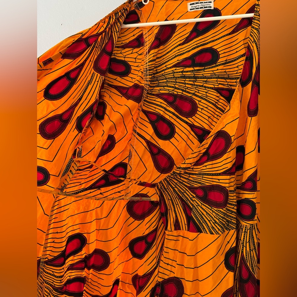 Bold Mustard Yellow Wrap Maxi Dress with Red & Black Accents 57”for wrapping - Picture 5 of 12